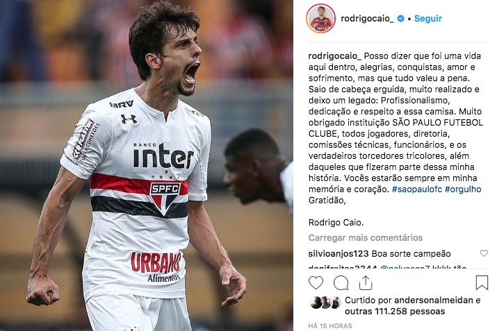 Rodrigo Caio se despede do São Paulo e cita torcedores