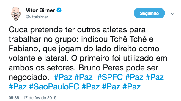 Jornalista fala em jogadores que Cuca indicou e que Bruno Peres pode ser negociado